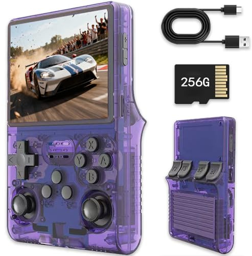 Consola de videojuegos portátil R40s Pro, consola de videojuegos portátil con pantalla IPS de 3,5 pulgadas, tarjeta integrada de 256 GB y 30.000 juegos, sistema Linux de código abierto (morado)