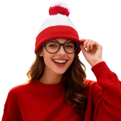 Mütze Rot und Weiß Strickmütze Beanie Cosplay Hat Mütze mit Brille Warme Wintermütze Bommel Beanie Halloween Weihnachten Party Zubehör