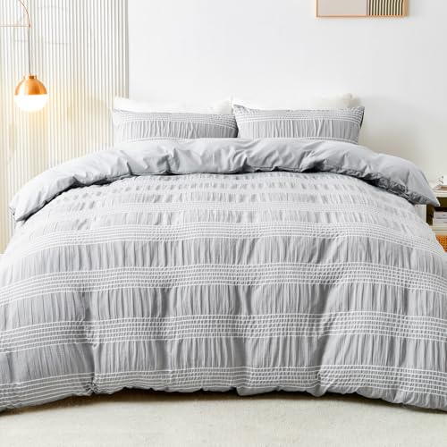 Qucover Bettwäsche 200x200cm,Seersucker Bettwäsche 3teilig Grau Mikrofaser | Bettwäsche 200x200 3teilig Grau Weiß Gestreift Bettwäsche-Sets, 1 Bettbezügen 200x200cm + 2 Kissenbezüge 80X80cm