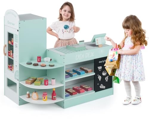 HOMASIS Kinder Kaufladen, Kaufmannsladen Holz mit 15 Zubehör & Tafel, Verkaufsstand mit Seitentheke, Supermarkt-Set mit Kasse, POS & Verkaufsautomat, Einkaufsladen für Kinder ab 3 Jahren (Minzgrün)