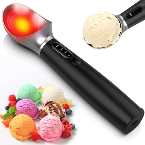 Heated Ice Cream Scoop Rechargeable, Electric Ice Cream Scooper with 3-Temp Settings, LED Display & IPX7 Waterproof, Ergonomic Silicone Handle for Hard Ice Cream, Gelato, Easy for Seniors & Kids