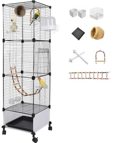 MSFE Jaula de Aves Grande, 130x37x37cm Jaula para Loros con ruedas, Jaula para Pájaros Voladera Interior con columpio, percha, para periquito, calopsitte, conure, pinzón, canario