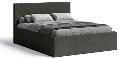 Meblofun Polsterbett Matelasse mit Kopfteil, 160x200 cm, Doppelbett mit Bettkasten und Lattenrost aus Holz, Velourstoff, Farbe: Dunkelgrau