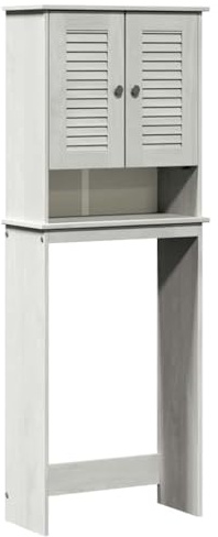 Heofavd Scaffale per lavatrice VIGO in legno di pino massiccio, mobile da bagno sopra lavatrice o WC, scaffale salvaspazio con 3 ripiani e 2 ante, 60 x 27 x 161 cm, bianco e bianco anticato