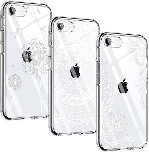 Yoowei 3-Stück Kompatibel mit iPhone SE 2022 Hülle, iPhone SE 2020 Hülle, Durchsichtig Silikon Handyhülle mit Süße Muster Schutzhülle - Weiße Blume, Mandala & Löwenzahn