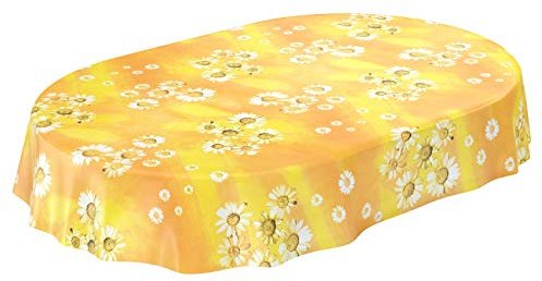 ANRO Wachstuchtischdecke Wachstuch Wachstischdecke Tischdecke Kamille Gelb Blumen Sonne Oval 200x140cm abwaschbar eingefasst