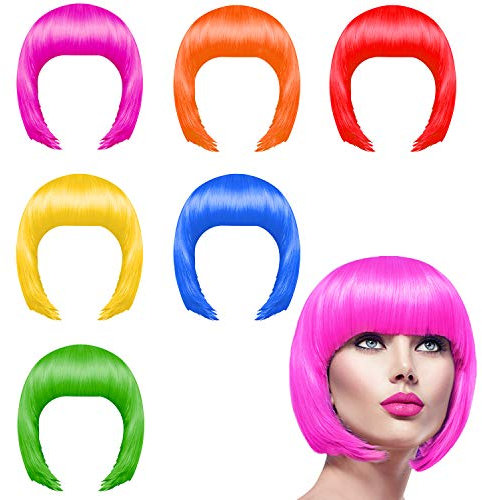 KUUQA 6 Stück Partei-Perücken gesetzt, neon kurzer Bob Kostüm bunte Perücke täglich Partei Toupets für bachelorette Neon-Party, Halloween und Dekorationen Perücke packen