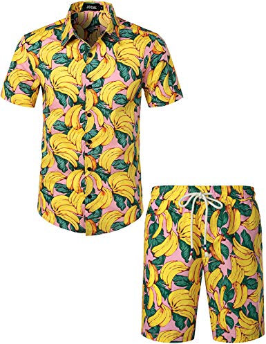 JOGAL Chemise hawaïenne, décontractée, à manches courtes, pour homme, motif floral, Rose/jaune., S