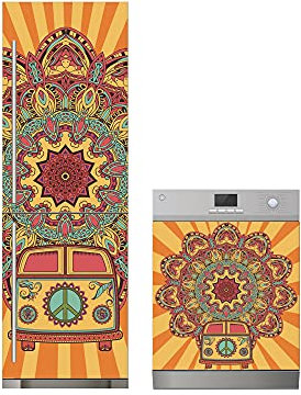 Oedim Set di vinile per frigorifero + vinile per lavastoviglie Furgo Hippie sfondo arancione, adesivo resistente ed economico, adesivo decorativo dal design elegante