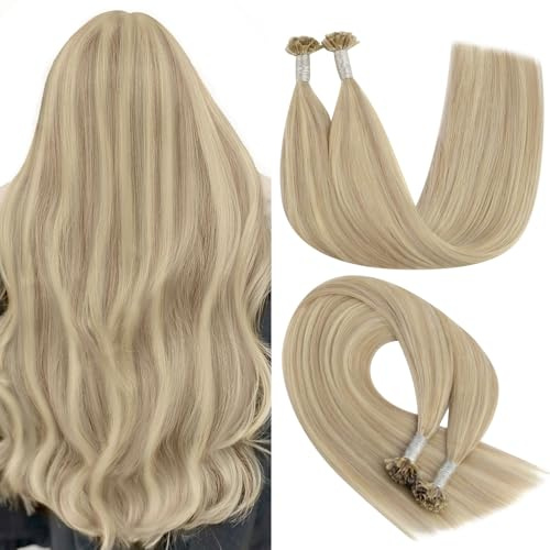 YoungSee Highlight Utip Hair Extensions Human Hair Highlight Ash Blonde with Blonde Ktip Hair Extensions Real Human Hair Highlight Hot Fusion 20In 1G/S 50G Silky Straight