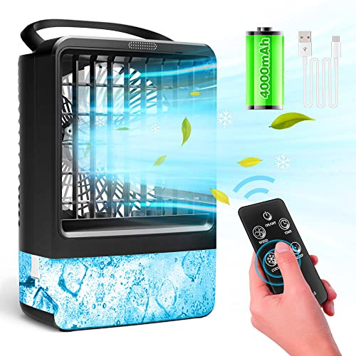Fnwsja Mini Mobile Klimaanlage wasserkühlung Tragbarer Ventilator mit Fernbedienung 4000mAh Akku 4-in-1 Desktop Luftkühler 3 Geschwindigkeit 2/4H Timer für Zuhause/Büro/Draussen/Camping