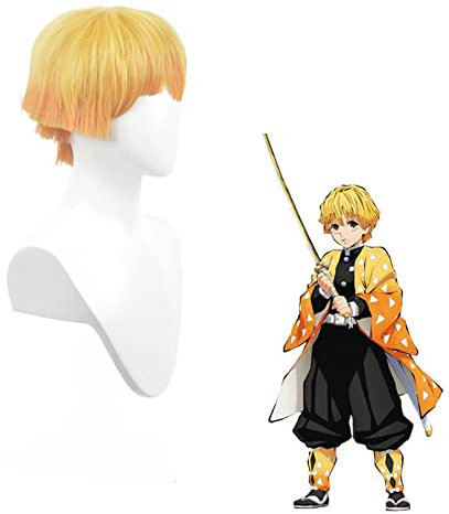 SOOYOOYOO Agatsuma Zenitsu Cosplay Kurze Gelbe Orange Gerade Perücken mit Gratis Kappe Fantasy Kostüm Geschenk Für Weihnachten Halloween Party und Karneval