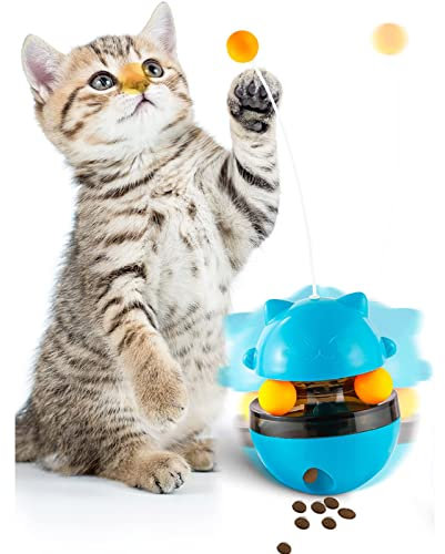 Tumbler Cat Teaser Toys, Interaktives Katzenspielzeug, Puzzle, Snack-Futterspender mit doppelten interaktiven Bällen und abnehmbarem Neckstab für Katzen im Innenbereich
