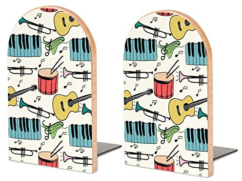 Packung Mit 2 Buchstützen Musikinstrumente Piano Guitar Drum Pattern Rutschfester Bücherständer Aus Holz Bücherregal Bücherhalter Für Home Desk Office Library