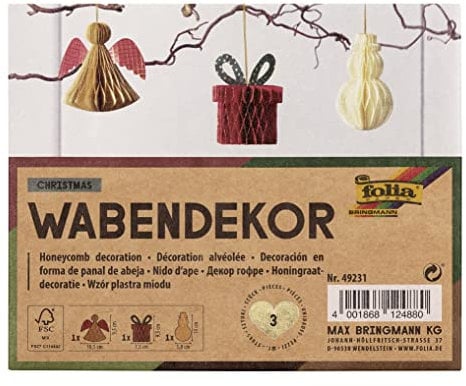folia 49231 - Wabendekor Christmas, Weihnachtsanhänger 3er Set, Höhe ca. 10 cm, faltbare Weihnachtsdeko für innen