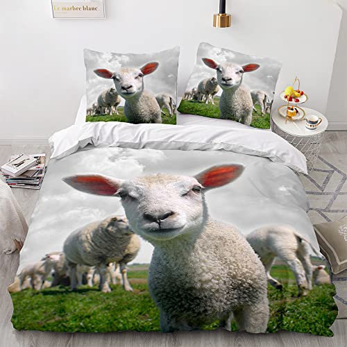 Morbuy Weiche Bettwäsche aus Mikrofaser Bettbezug 135x200 155x220 200x200 220x240 mit Reißverschluss + Kissenbezüge 80x80 cm, Schaf Drucken Bettwäsche-Set (135x200cm,Neugieriges Lamm)
