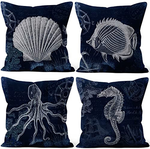 Aoihrraan 41x41cm 4er Set Dekorativ Meer Thema Kissenbezug Navy Blau Schildkröte Fische Seepferdchen Muschel Muscheln Zierkissenbezug Quadratische Couchkissen Dekokissen Schlafzimmer Draussen Sofa