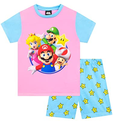 SUPER MARIO BROS Mädchen Schlafanzug kurz Langärmelige Nachtwäsche für Kinder 128 Rosa und Blau