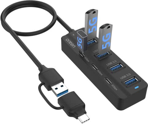 Onten Hub USB C, 7 puertos USB 3.0 a USB-C con un adaptador USB C a USB 3.0. Cable de 3.3 pies, 4 puertos USB 3.0, 3 puertos USB C para MacBook Surface Pro Thunderbolt 3/4 y más dispositivos USB/USB C