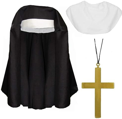 Bohue 3 Stücke Halloween Nonne Kostüm Zubehör Nonne Schal Weiß Nonne Kragen Gold Kreuz Anhänger Erwachsene Damen Cosplay Maskerade Kostüm Zubehör