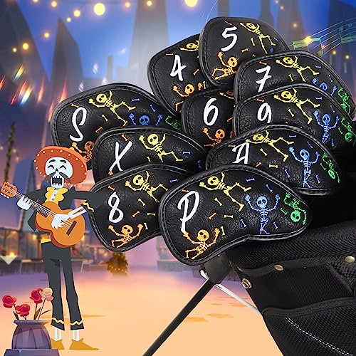 Golf Iron Club Head Cover 10pcs/set Magictape 4~9 PASX Balck PU Leather Colorful Skull Pattern