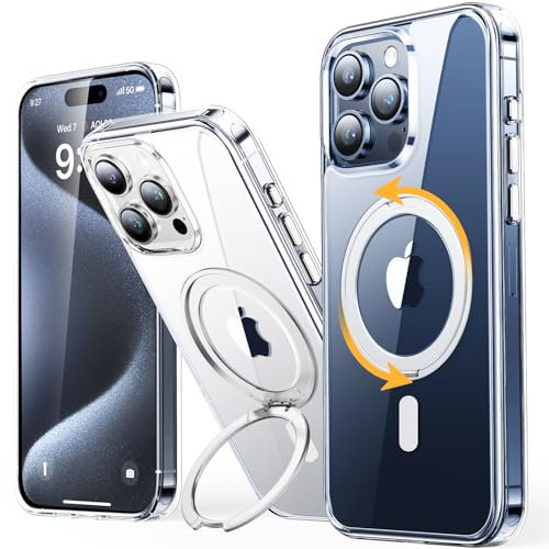 andobil Upgrade für iPhone 15 Pro Max Hülle für MagSafe (5 in 1) mit 360° Drehbar Unsichtbarem Ständer [Stoßfest/Nie Gelb] Anti-Kratzt Dünne Handyhülle Case - Ultra Transparent