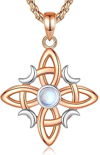 INFUSEU Witch Knot Necklace, 925 Sterling Silver Moonstone Rose Gold Witchcraft Knot Pendant Wicca Irish Celtic Magic Symbol Jewelry Ancient Witchcraft Charm Gifts for Women