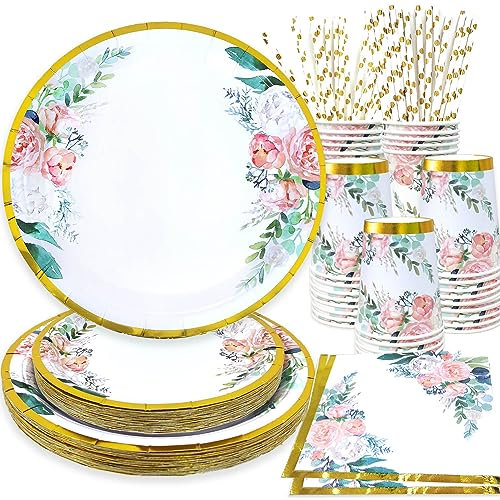 JTKLION Vaisselle Jetables Anniversaire,125 Pièces Set de Vaisselle Party Fleurs Anniversaire de Fille,Set de Vaisselle Jetables Or Fleurs avec Assiettes Papier,Gobelets Papier et Pailles,25 Invités