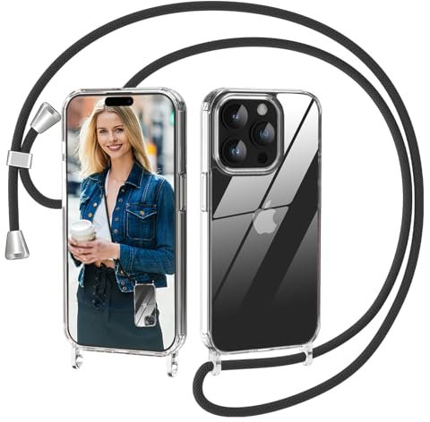 Nupcknn für Transparent iPhone 15 Pro Hülle mit Band, Dünn Handykette Handyhülle (Abnehmbar Einstellbar) Necklace mit Kordel zum Umhängen Kameraschutz Handy Kette Stossfest Schutzhülle(1.6M,Schwarz)