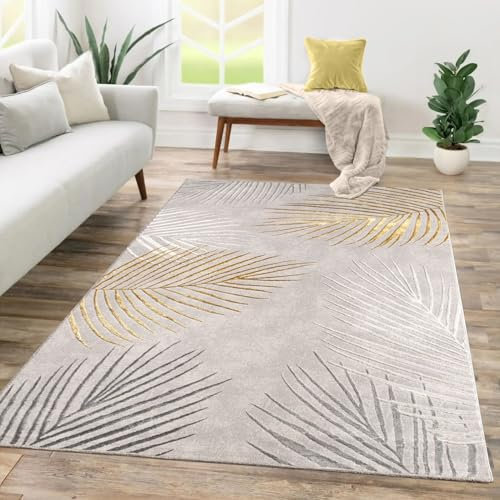 TT Home Wohnzimmer Teppich Kurzflor Geometrisches Design Abstrakte Optik, Farbe:Grau Gold, Größe:80x300 cm