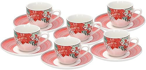 Tognana Dolce Natale, set 6 tazze caffè con piatto, porcellana, rosso