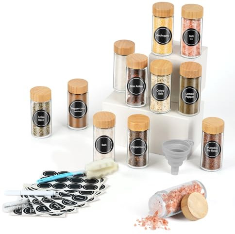FRIBERG 12 tarros redondos de botes especias cristal Con tapa de madera,120 ml,especias para cocinar,con etiquetas,bolígrafos,cepillo de limpieza,embudo y colador