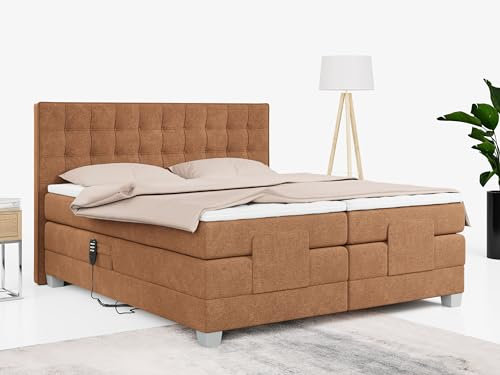 MKS MEBLE Boxspringbett 180x200 elektrisch verstellbar 7-Zonen Taschenfederkern Matratze inkl Visco Topper Bett 180x200 mit Motor Polsterbett Motorbett - Elektro - Orange Struktur - H4