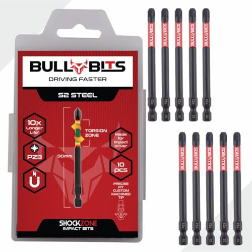 10x Bull Bits 90mm PZ3 Impact Driver Bits Set - Single Ended, Shock Zone, S2 Steel, Torsion Zone