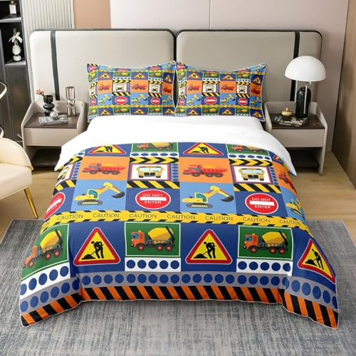 richhome Kinder Autos 100% Natur Baumwolle Bettbezug 135x200, Aquarell Baufahrzeuge Gelb CarSoft Bettwäsche Set, City Bus Mixer Patchwork Tröster Abdeckung Bettwäsche