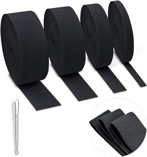 BOKFJBP 20M Gummiband Schwarze Schwarz Breite 10mm 20mm 30mm 40mm, Elastisches Farbband Bänder Gummibänder Nähen 4 Stück mit Nadeleinfädler für DIY Handwerk Nähen Zubehör Nicht leicht verformbar