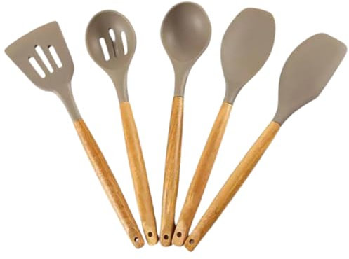 YARANY Set de 5 Spatules Silicone & Bois – Ustensiles de Cuisine Antiadhésifs, Résistants à la Chaleur, Sans BPA – Outils Polyvalents pour Poêles et Casseroles – Couleur Beige