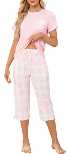Reliwel Pyjama Femme Coton été Ensemble Femme à Manche Courte et Carreaux 3/4 Pantalon Vêtements de Nuit Col Rond 2 Pièces Doux Confortable