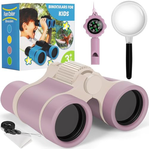 Binoculars for Kids, Kids Binoculars toys for 3 4 5 6 7 8 Years Boys and Girls, Set with Magnifying Glass & Compass - Birthday Gifts Outdoor Toy for Kid Ages 3-8 Toddler Camping (pink)
