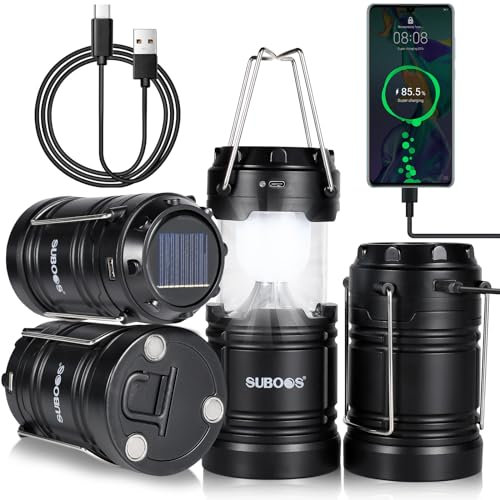 SUBOOS Paquete de 4 linternas LED solares recargables para camping, plegables, compactas, resistentes. Cable USB-C incluido