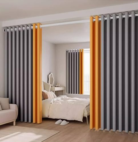 Thermovorhang mit Ösen, 107 x 115 CM Dunkelgraue und orangefarbene wärmeisolierte Verdunkelungsvorhänge in Patchwork-Technik mit Ösen für Schlafzimmer, Küche, Kinderzimmer Kurze Fenstervorhänge