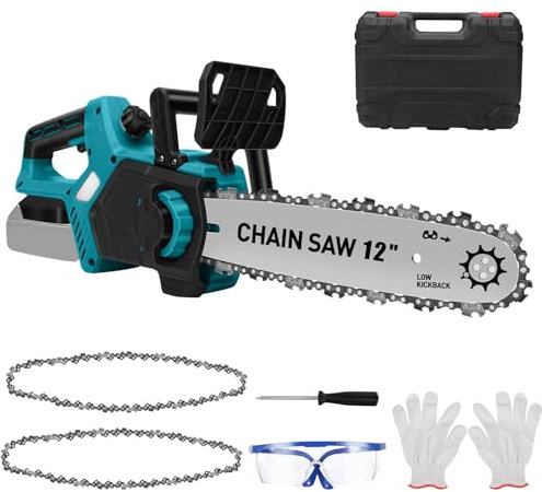 Cordless Chainsaw with Digital Display Compatible with Makita 18V Battery, 12 Inch Brushless Electric Chainsaw with Chain, Gloves, Goggle and Case, for Tree Branches and Garden Cutting (No Battery)