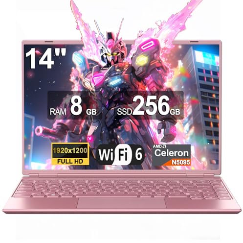 NOTODD Ordenador Portátil Win 11 Pro Celeron N5095 PC Portátil 14 Pulgadas FHD Pantalla IPS (8GB LPDDR4 RAM 256GB SSD Laptop), Portatiles Convertible 180°, 5G WiFi, Protege el Teclado Español - Rosa