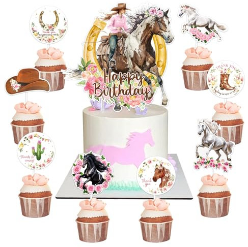 Mizijia 17 Stück Pferd Tortendeko Jungen Mädchen, Pferd Kuchen Deko Kindergeburtstag, Pferd Cake Topper Set, Pferd Happy Birthday Topper für Kinder Geburtstag Party Kuchen Dekoration Supplies