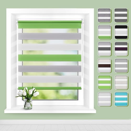 Doppelrollo Klemmfix ohne Bohren B95 x H120cm(Stoffbreite 91cm) Grün-grau-weiß, Rollos für Fenster ohne Bohren, Klemmrollos mit Lichtdurchlässig & Verdunkelnd, Seitenzugrollo Sonnenschutz Rollo