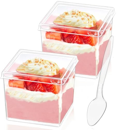 Wnqou 150ml/5oz Clear Dessert Cups, 50Pcs Reusable Square Dessert Cups, Mini Transparent Appetizers Serving Bowl for Desserts Mousses,Puddings,Party