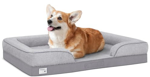 Reerooh Orthopädisches Hundebett Mittelgroße Hunde, Waschbarer Hundekorb mit rutschfestem Boden, Wasserdicht Hundekissen mit U-förmiger Nackenrolle, Hundesofa für Auto Käfig, Grau, 71x59x17cm