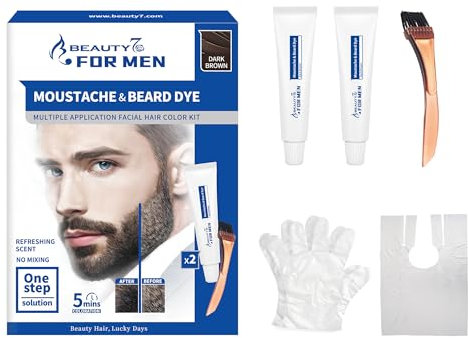 Tinte Bigote y Barba, Kit de Coloración de Barba Tinte para Hombre con Pincel Aplicador Cubre Barba Gris Tinte, Marrón Oscuro