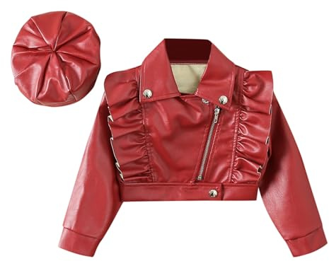 Giacca da Moto in Ecopelle per Bambina, Cappotto e Cappello in PU Primavera Autunno con Volant Carino da 2 a 7 Anni Maglietta 14 Anni Femmina8