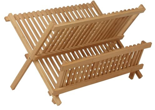 URBNLIVING Stylish Wooden Dish Drainer Rack - Folding Cutlery Stand & Plate Holder for Kitchen Sink, Countertop Organizer for Plates, Bowls & Utensils, Space-Saving Kitchenware Solution